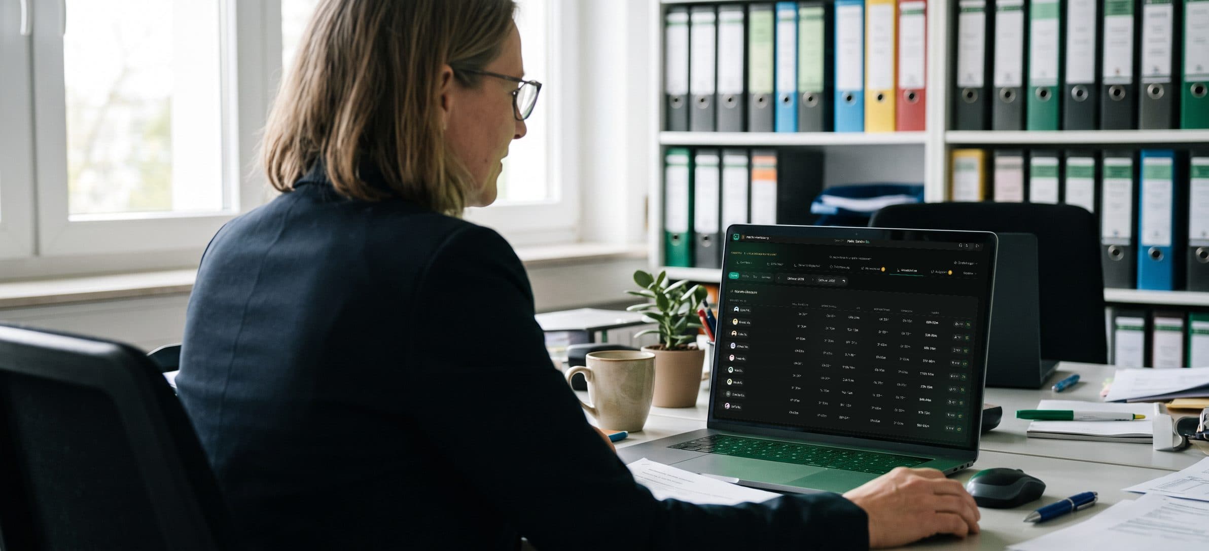 Steuerberaterin am Laptop mit der Monatsübersicht aus Crew-OS: Arbeitsstunden, Korrekturen und Saldo aller Mitarbeiter eines Cafés für die Lohnabrechnung