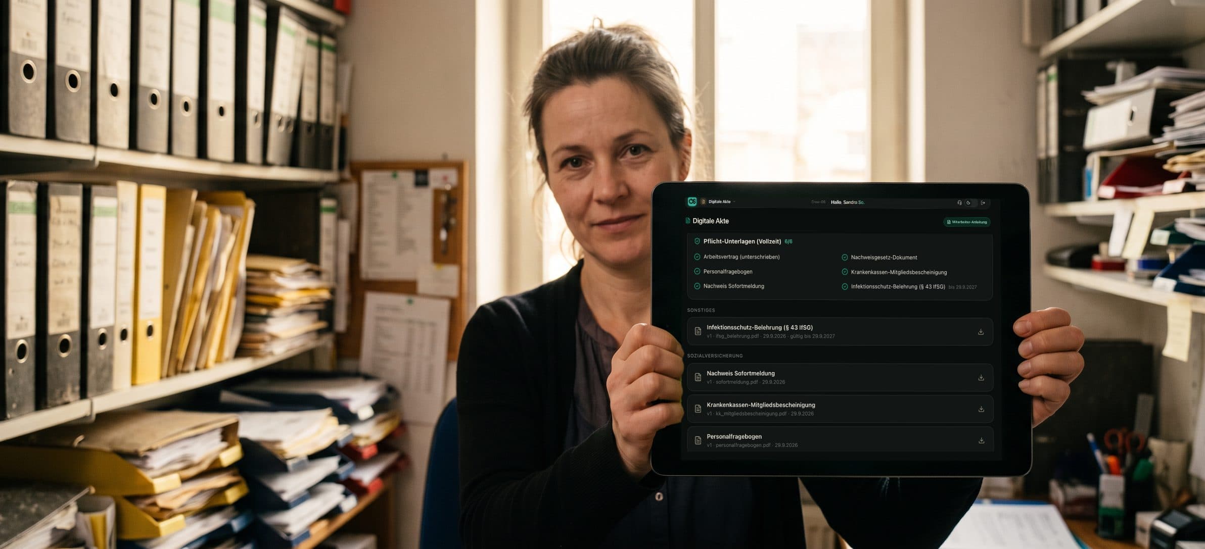 Betriebsleiterin hält ein iPad mit der digitalen Personalakte von Crew-OS — Pflicht-Unterlagen 6 von 6 vollständig — vor einem Regal mit alten Papierordnern