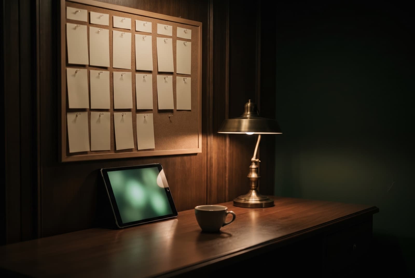 Büro am Abend: Korkwand mit Zetteln im Wochenraster, Messinglampe, Tablet und Kaffeetasse