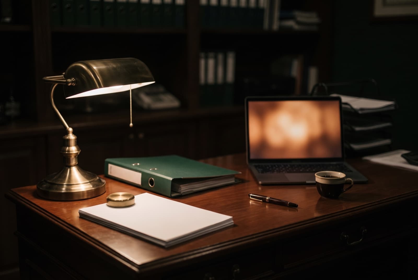 Schreibtisch am Abend unter einer Bankierslampe: Papierstapel, grüner Ordner, Laptop und Füller
