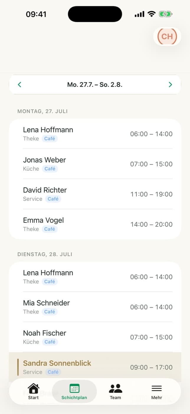 Crew-OS Team-App auf dem iPhone: Schichtplan der Woche