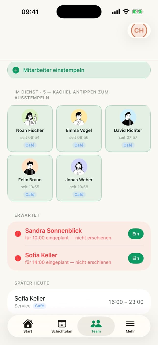 Crew-OS Team-App auf dem iPhone: Team-Übersicht, wer gerade da ist