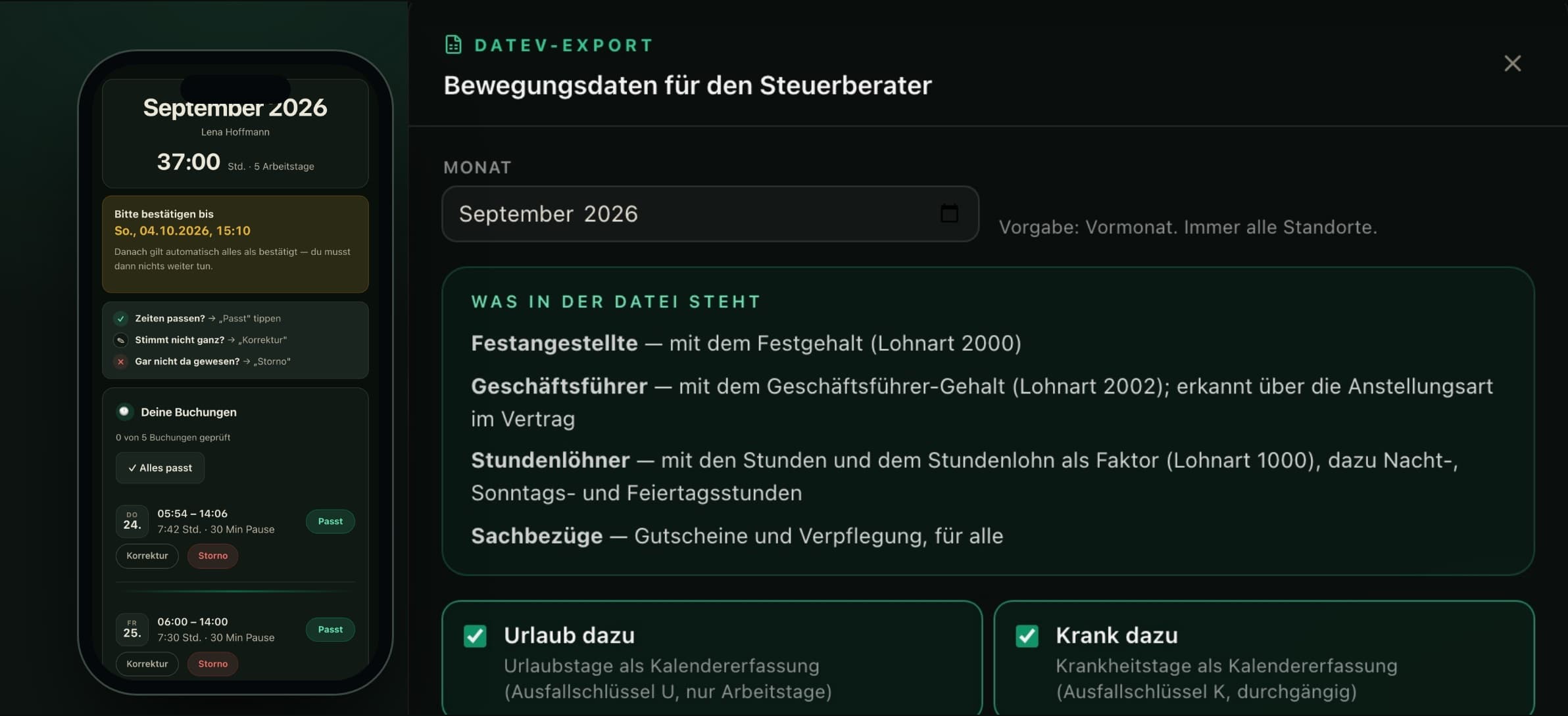 Crew-OS Monatsabrechnung: Stundennachweis am Handy mit 37:00 Stunden und 5 Arbeitstagen zum Bestätigen, daneben der DATEV-Export mit Lohnarten, Urlaub und Krank für den Steuerberater